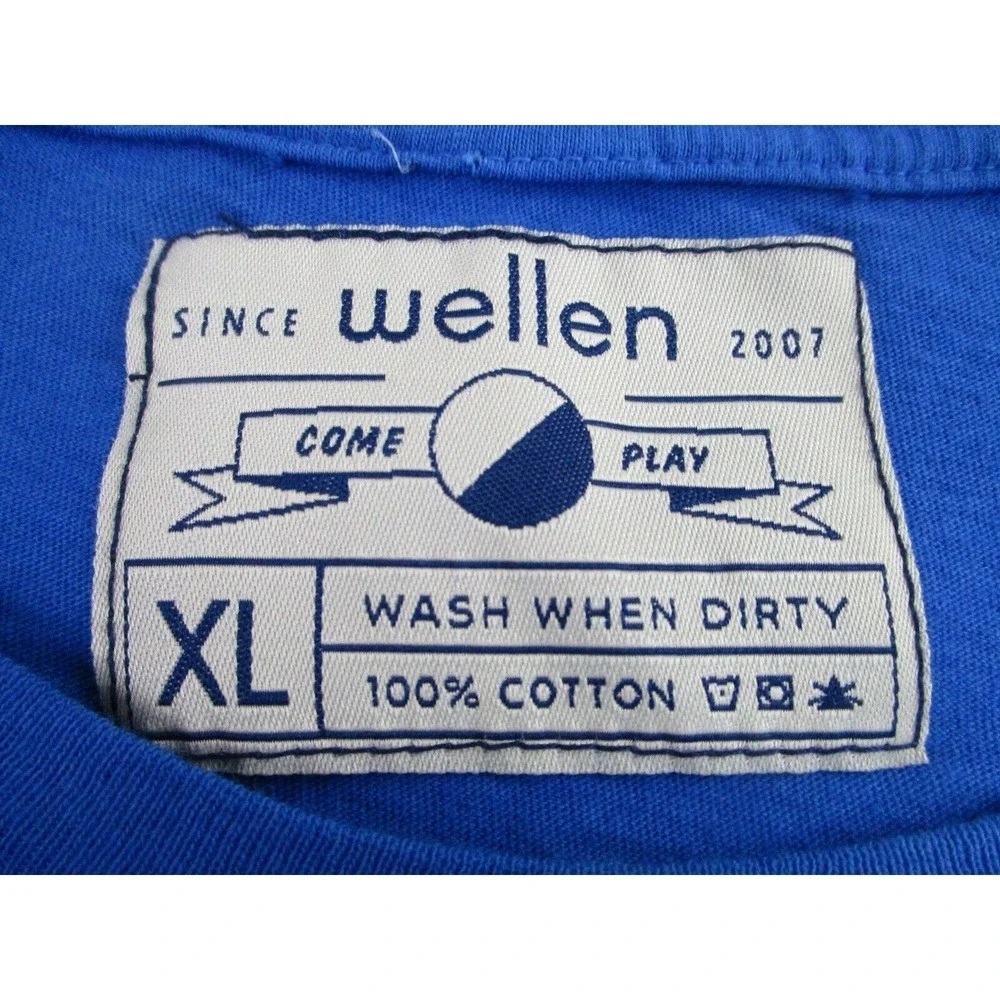 Wellen T-Shirt Mens XL Blue Short Sleeve Spin Out With Your Fin Out‎ Surf Beach